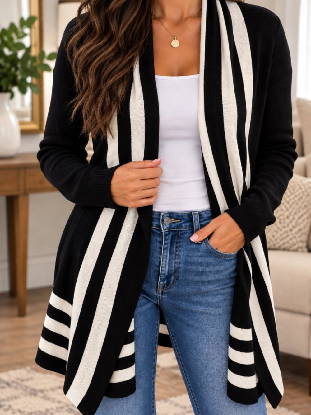 Black White Striped Long Cardigan Sweater | Open Front